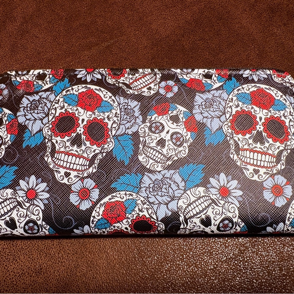 Sugar Skull Floral Wallet in Black, Red & Blue